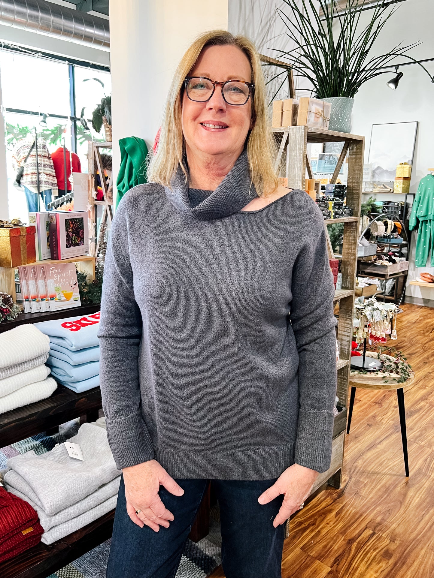 Charcoal Turtleneck Open Shoulder Sweater