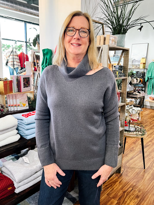 Charcoal Turtleneck Open Shoulder Sweater
