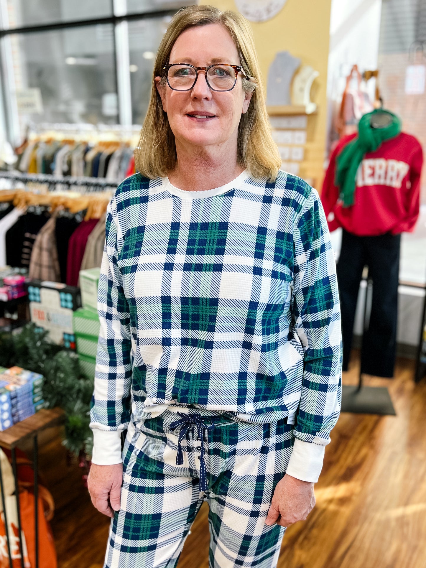 Cream W/Blue & Green Plaid Top