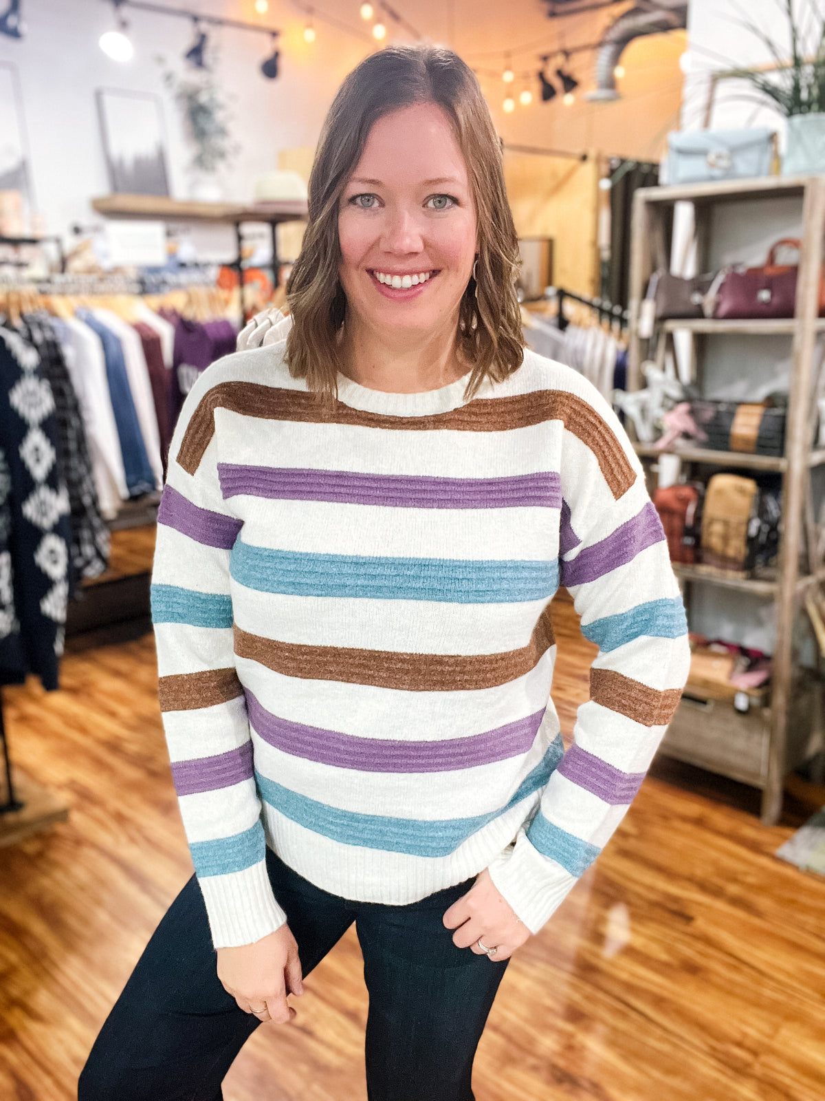 Natural, Dusty Teal, Plum, & Mocha Striped Sweater