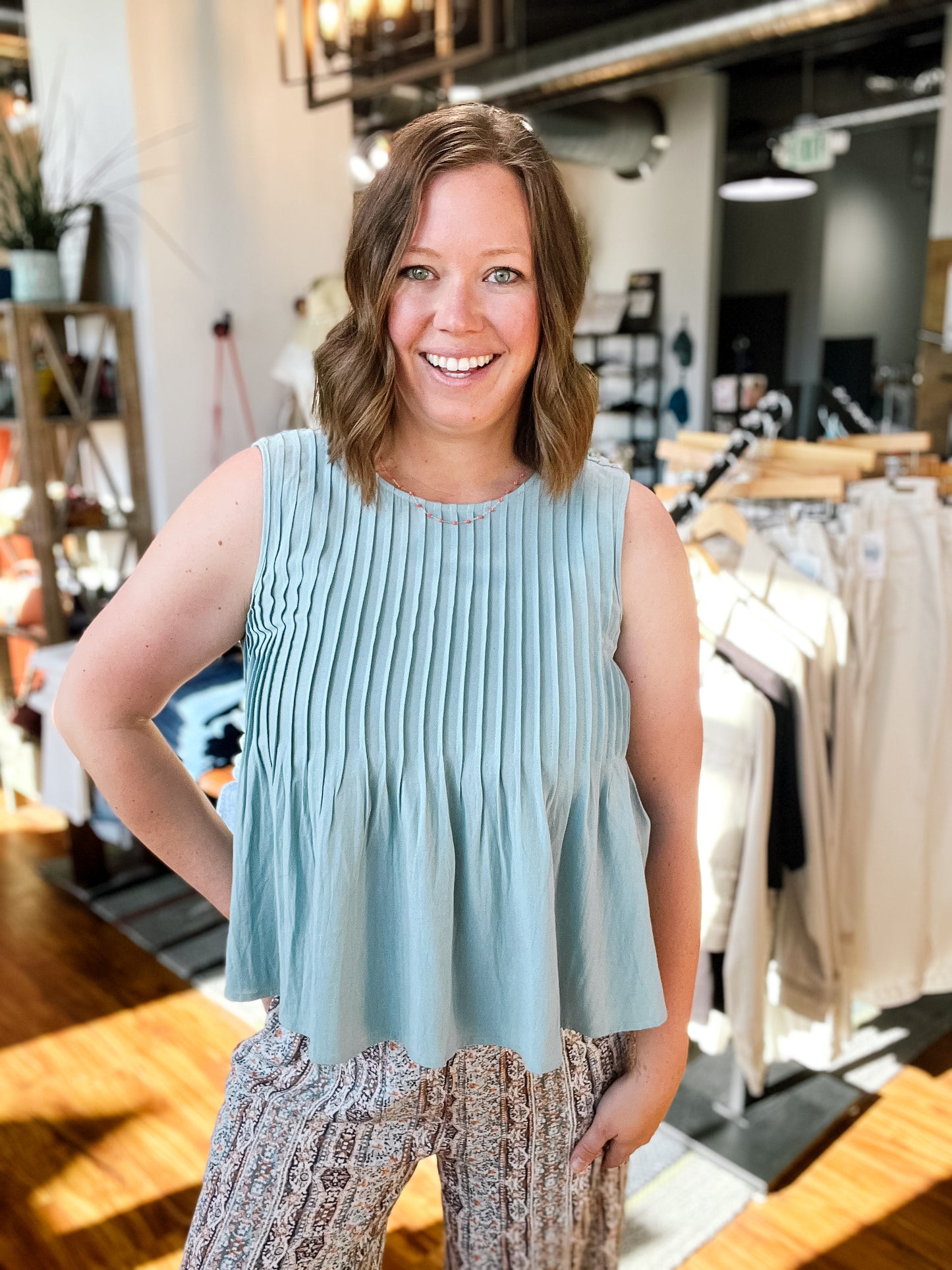 Dusty Blue Pleated Babydoll Tank