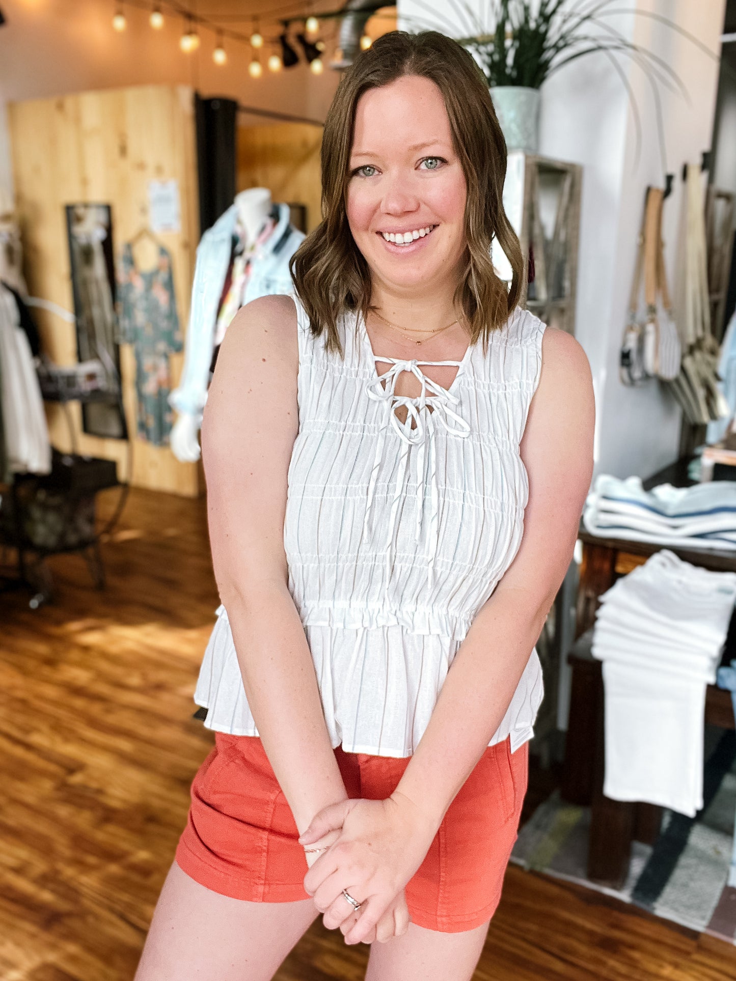 White Sleeveless Tie Front Top