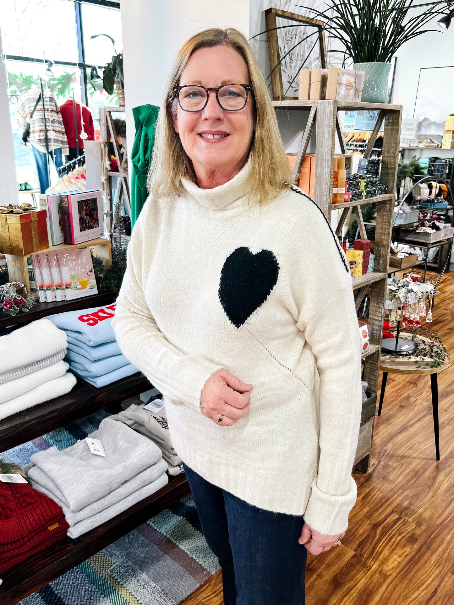 Cream W/Black Heart Sweater