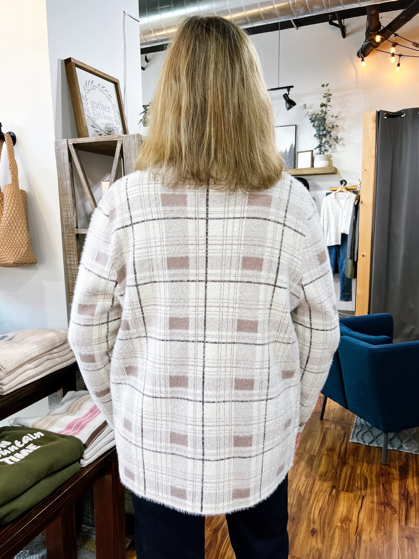 Cream & Tan Checked Open Front Cardigan