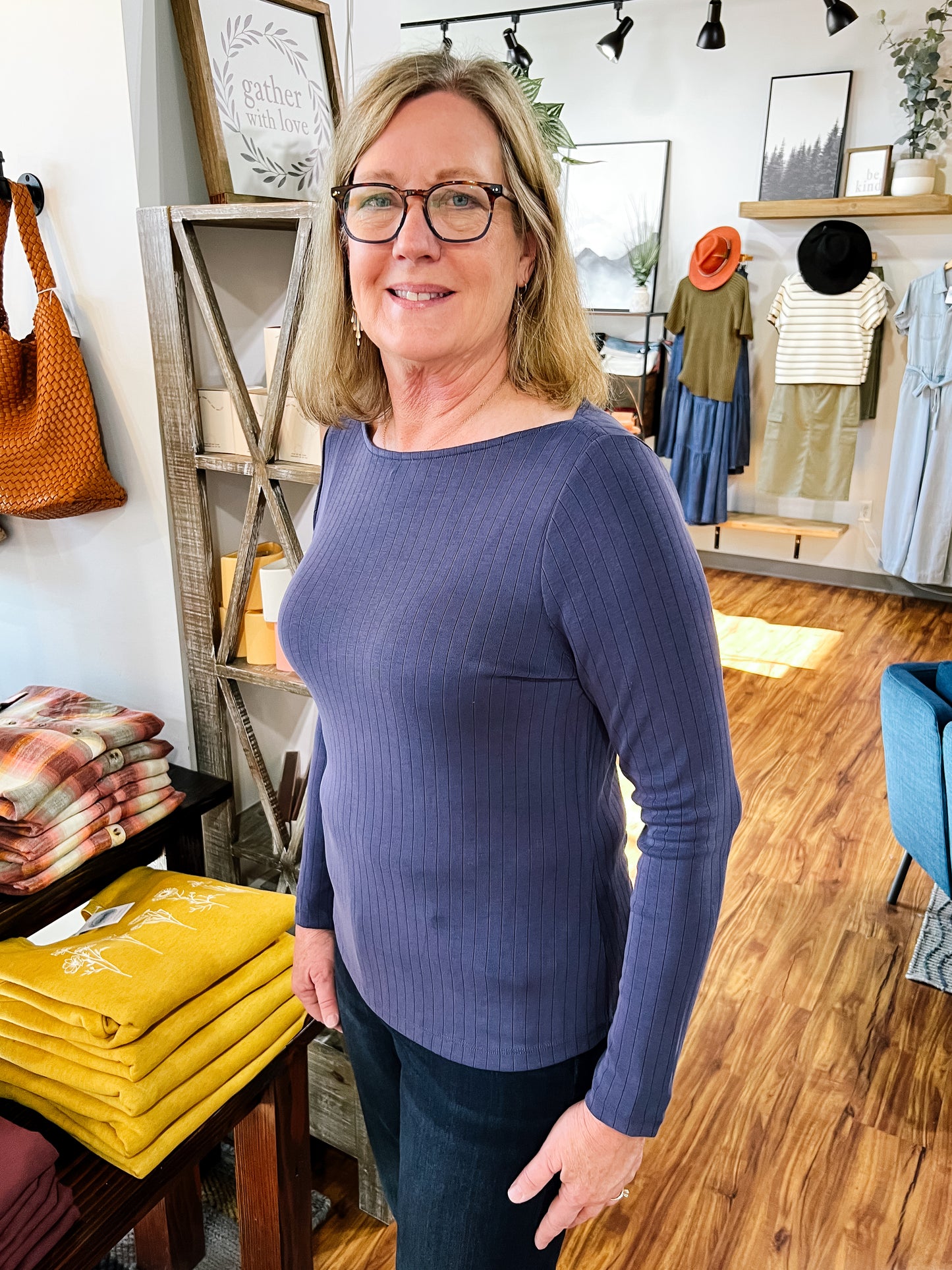 Washed Navy Long Sleeve Boat Neck Top