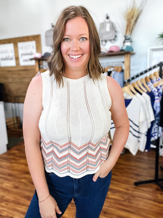 Cream W/ Chevron Stripe Sweater Tank Top