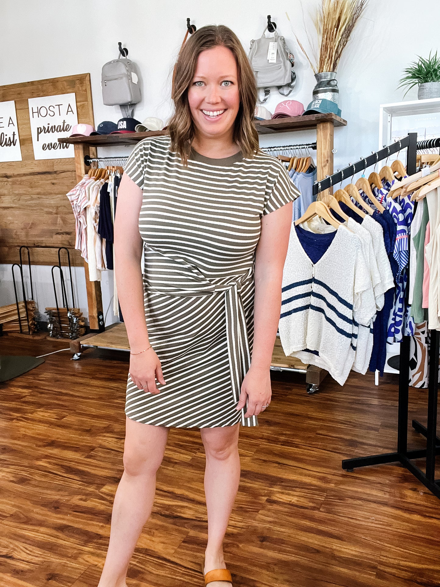 Olive & Cream Stripe Side Tie Dress