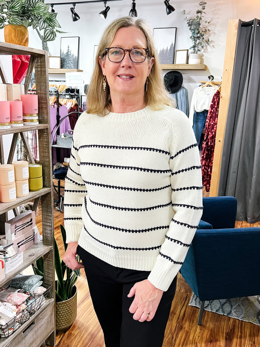 Ivory Sweater W/ Navy Texture Stripe