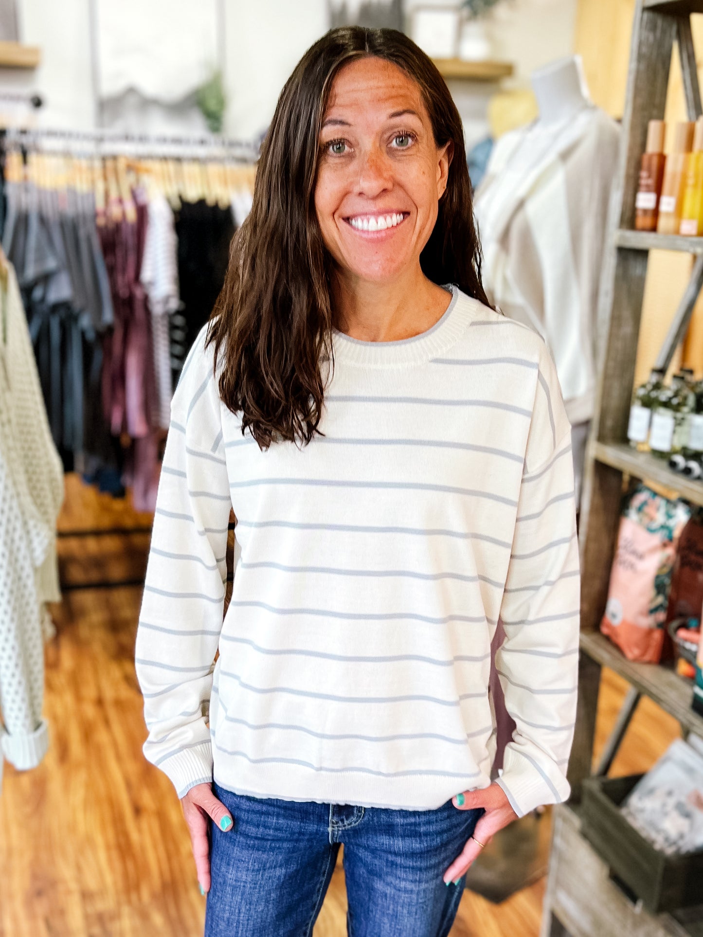 Cream & Mint Green Long Sleeve Sweater