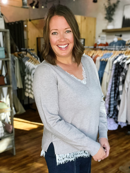 Gray w/ White Lace V-Neck Sweater