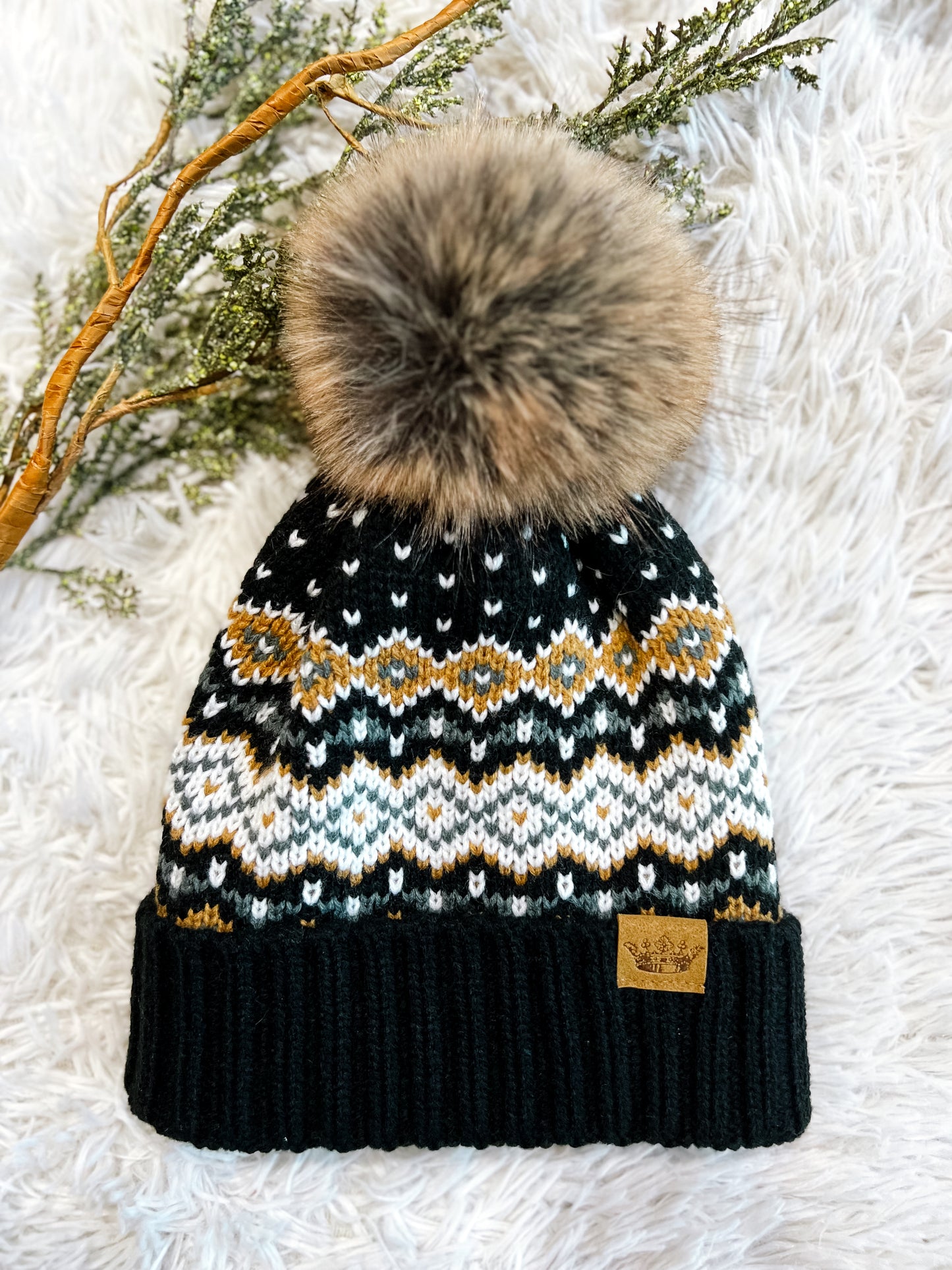 Black, White, Mustard & Blue Patterned Pom Beanie