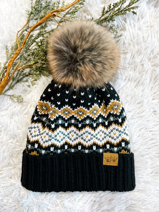 Black, White, Mustard & Blue Patterned Pom Beanie