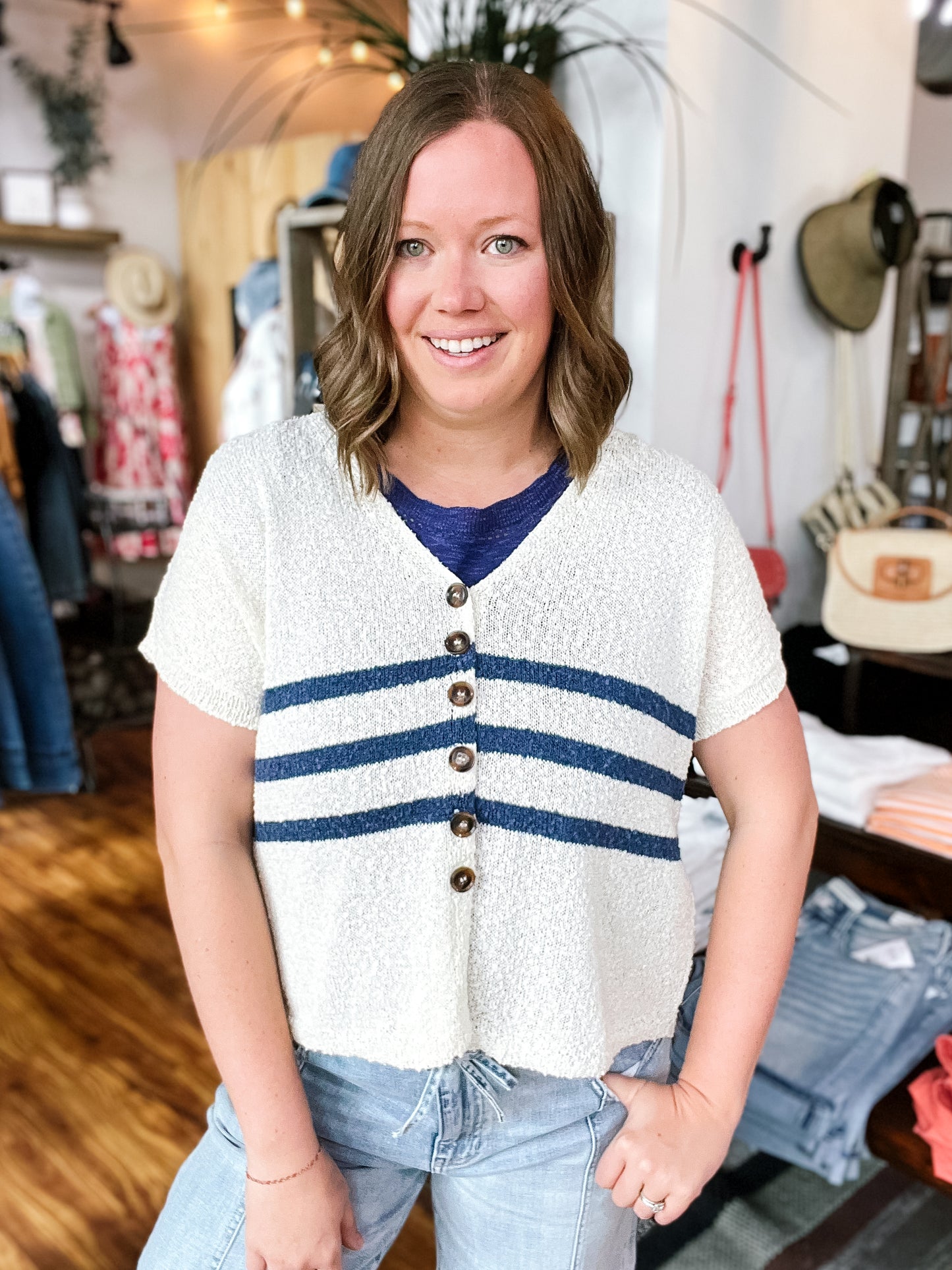 Cream & Navy Stripe Short Sleeve Cardigan
