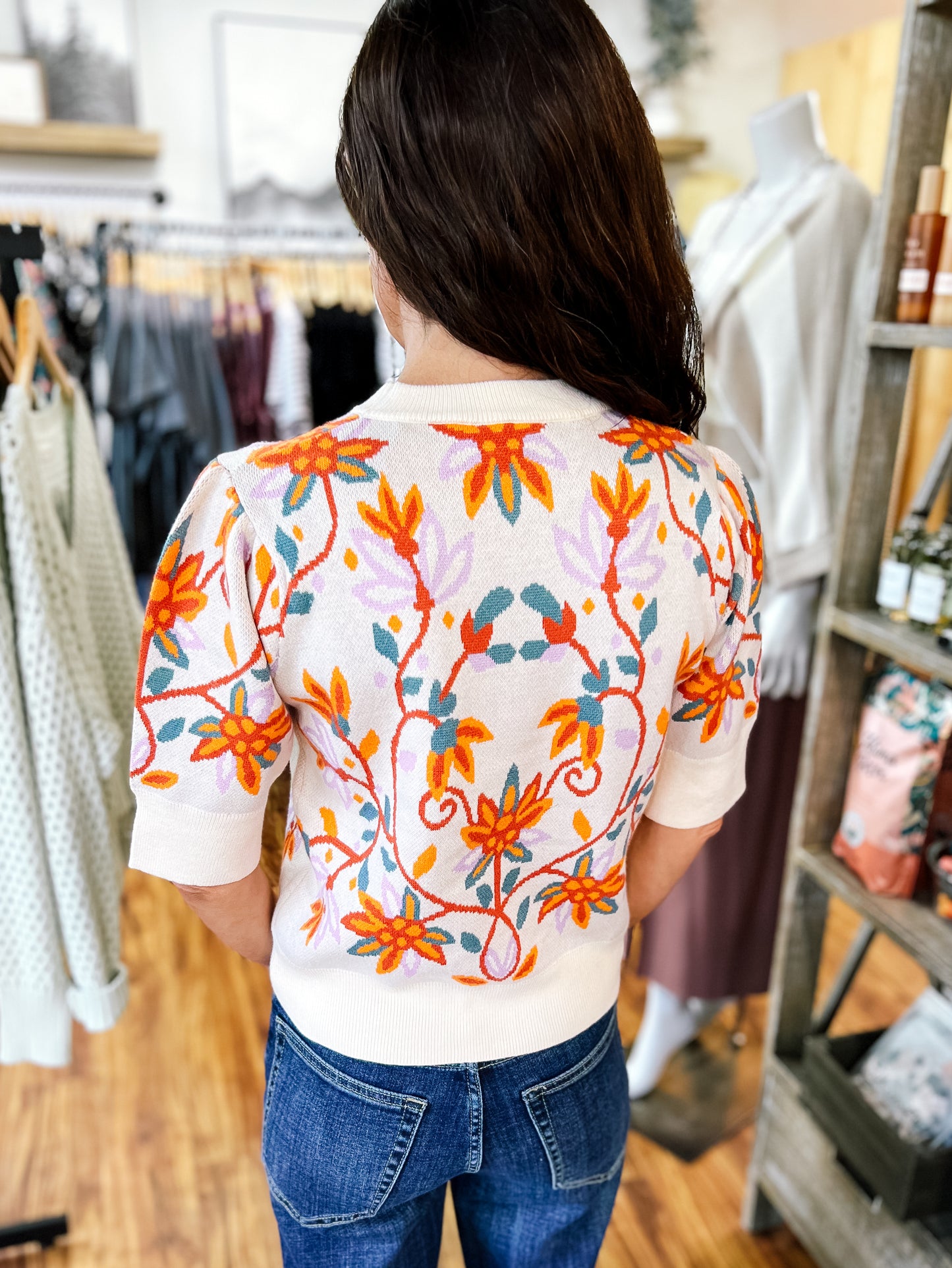 Cream w/ Colorful Floral Print Short Sleeve Sweater