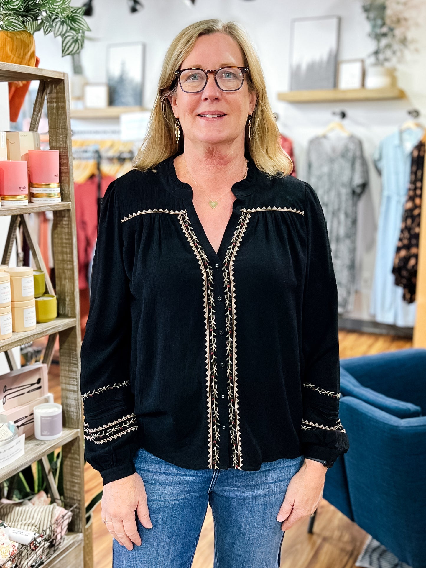 Black W/ Machine Embroidery Floral Top