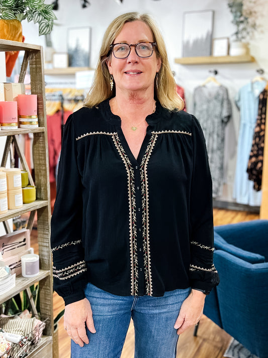 Black W/ Machine Embroidery Floral Top