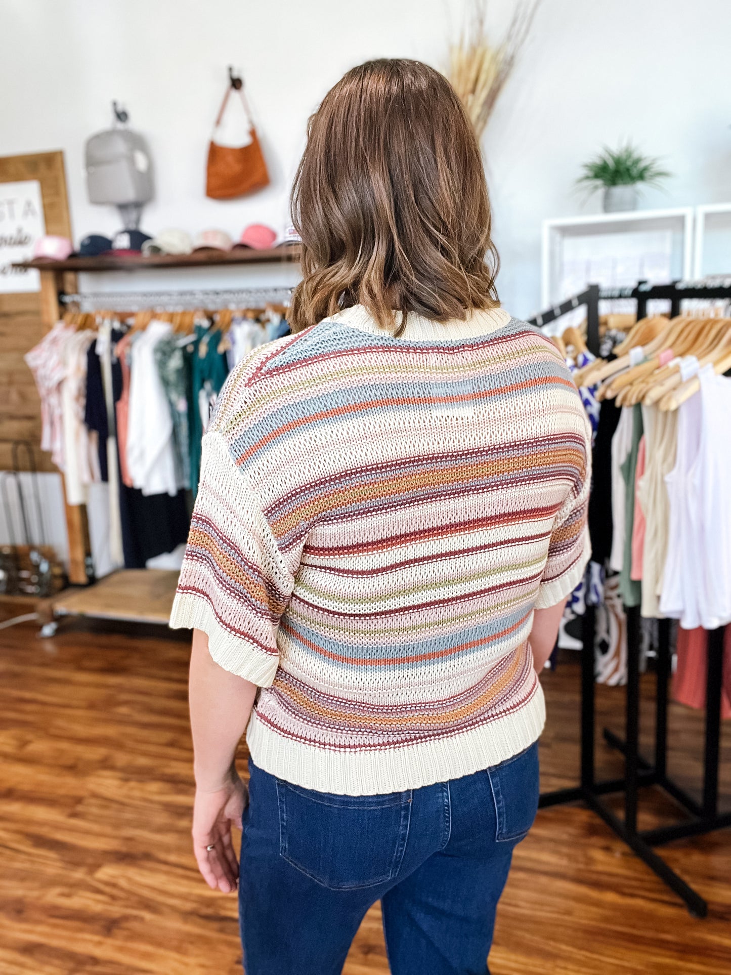 Multi Stripe Short Sleeve Sweater