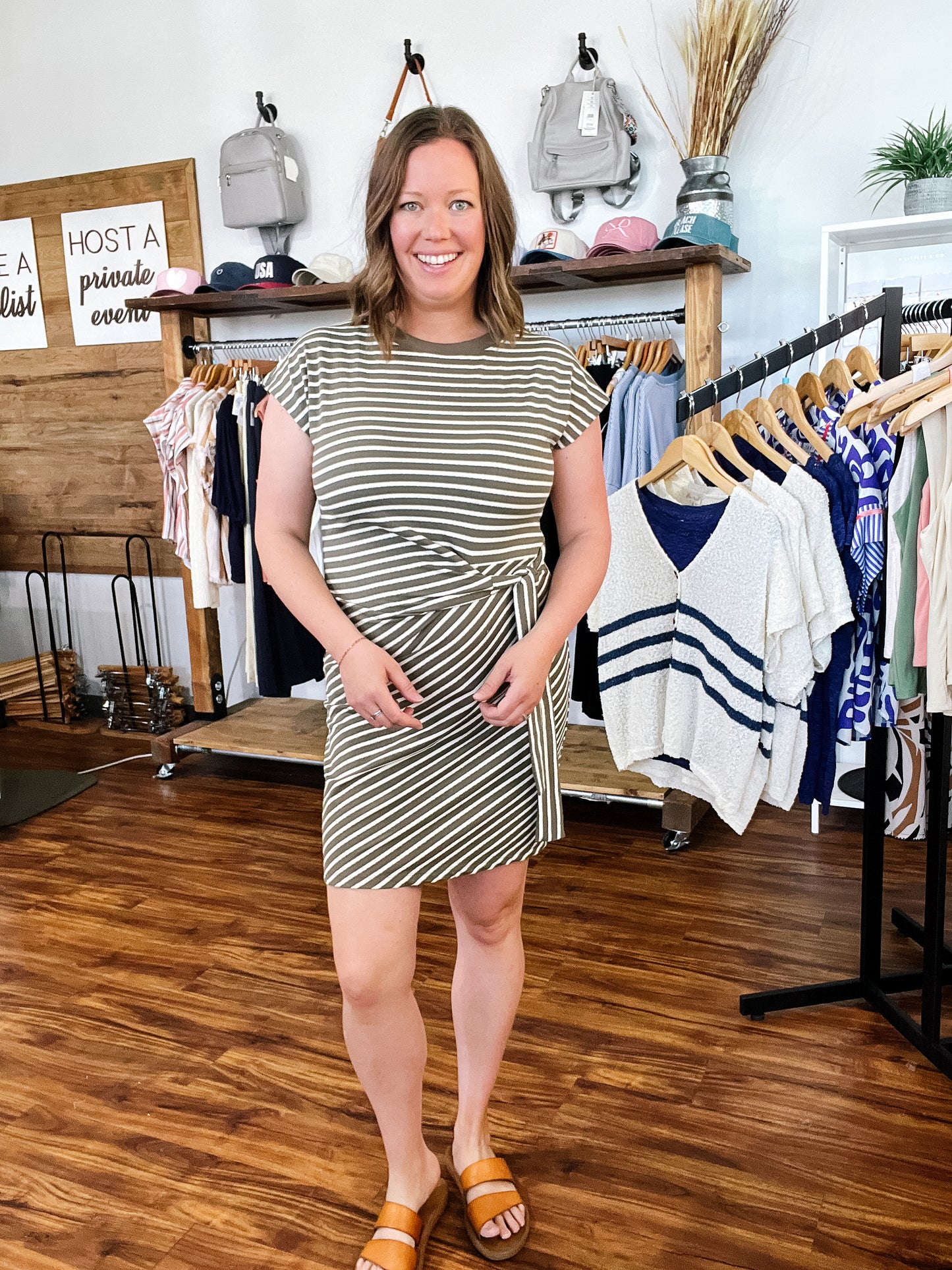 Olive & Cream Stripe Side Tie Dress