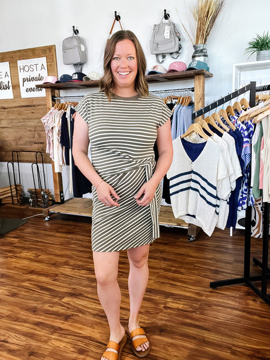 Olive & Cream Stripe Side Tie Dress