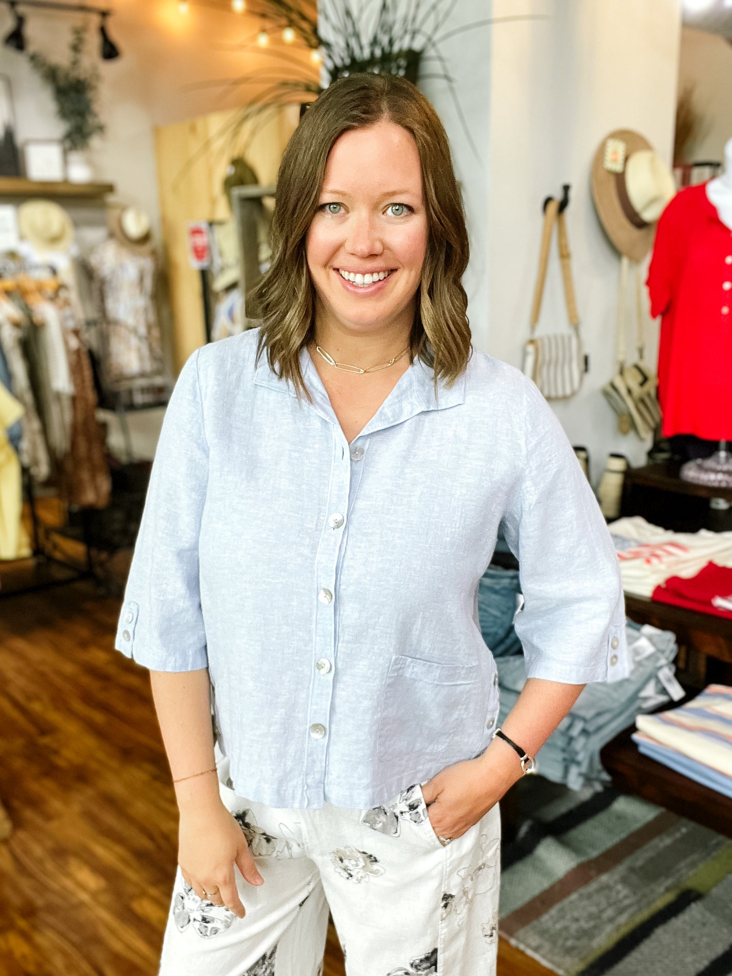 Light Blue Linen Button Front Shirt