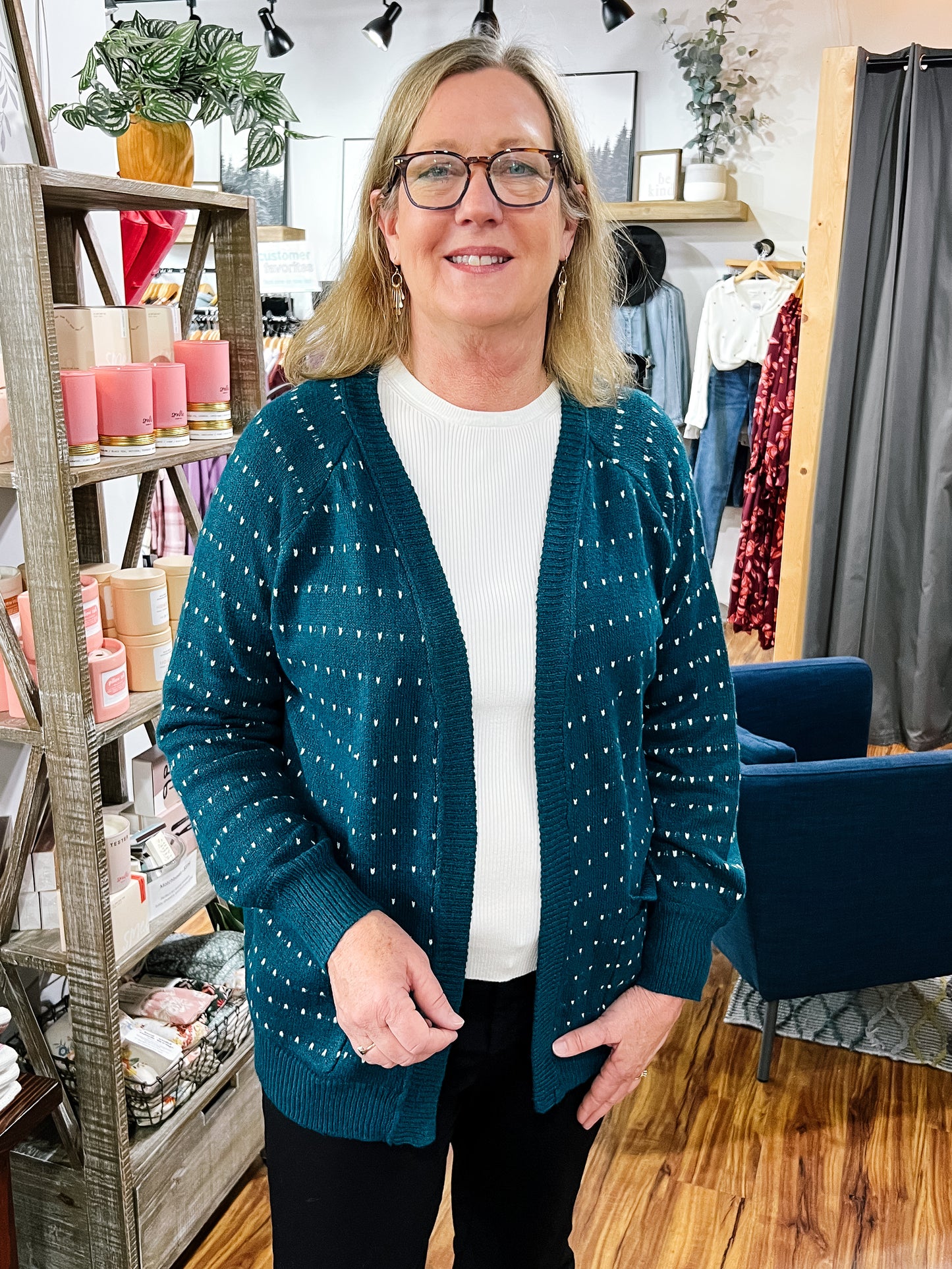 Teal Cardigan W/ Ivory Texture Stripe