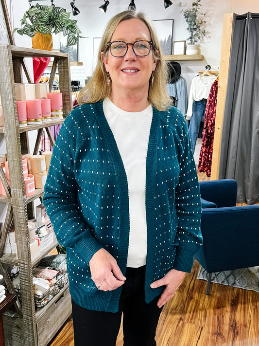 Teal Cardigan W/ Ivory Texture Stripe