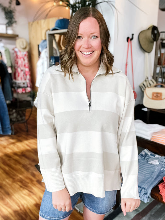Sand W/Cream Stripe Half Zip Sweater