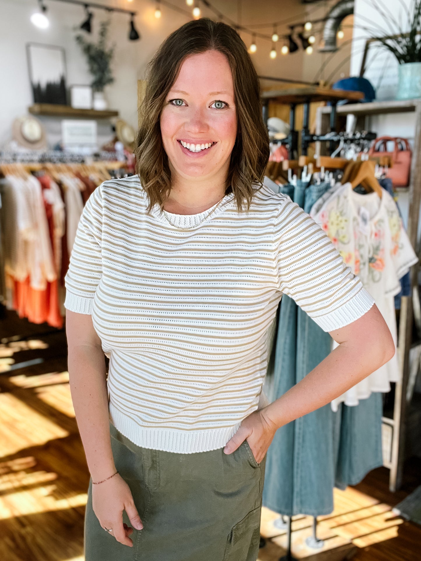 Cream & Taupe Stripe Short Sleeve Sweater