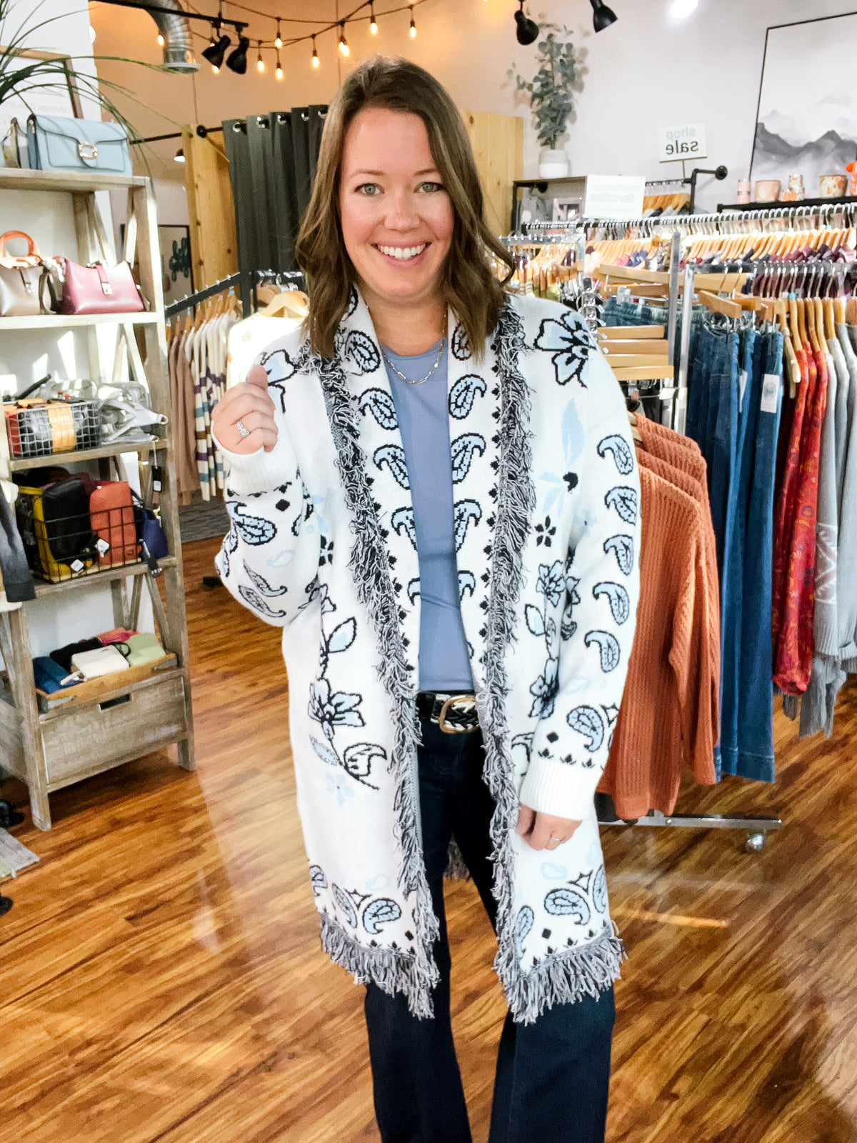 White W/Blue Paisley Open Front Cardigan