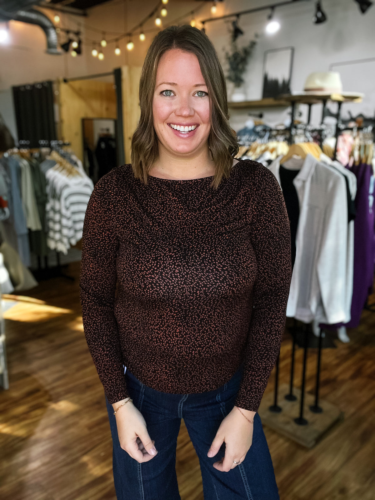 Black w/ Rust Polka Dot Long Sleeve Top