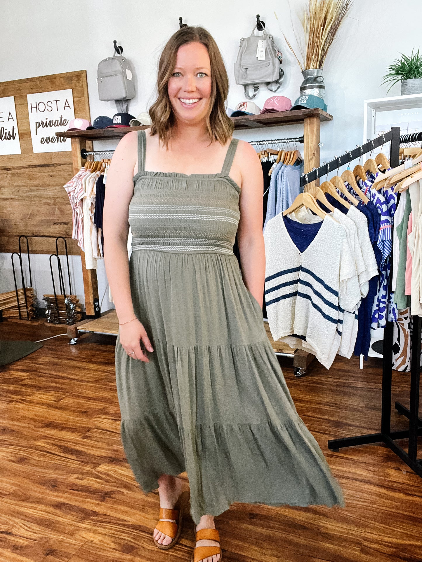 Olive Embroidered Midi Tank Dress