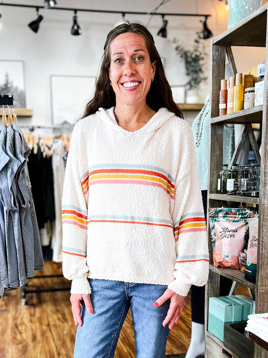 Cream Stripe Knit Hoodie