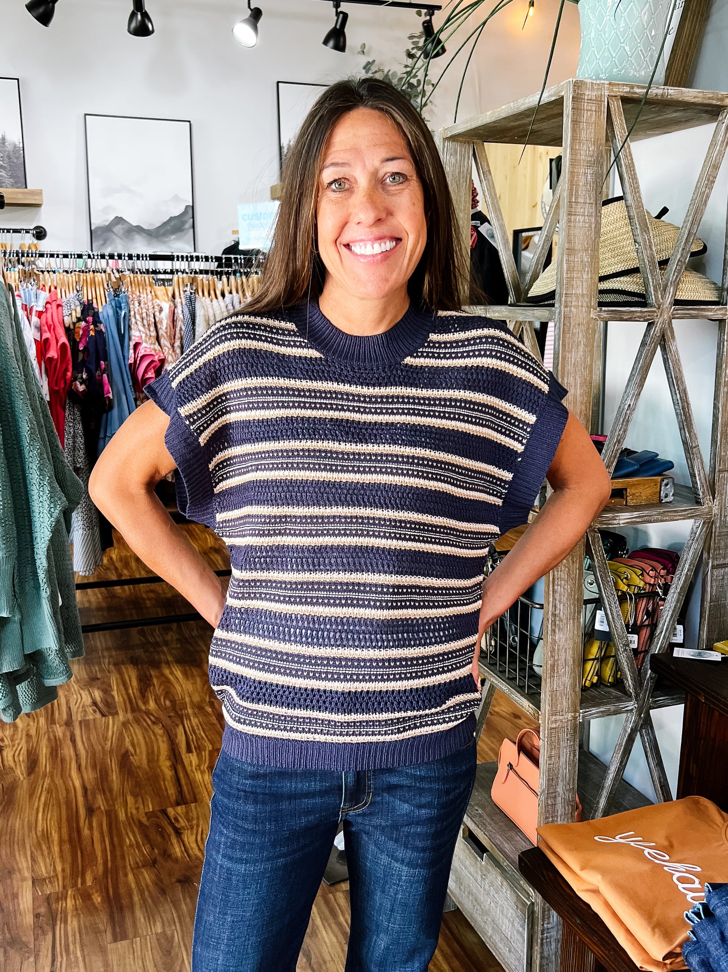 Navy & Brown Stripe Short Sleeve Sweater