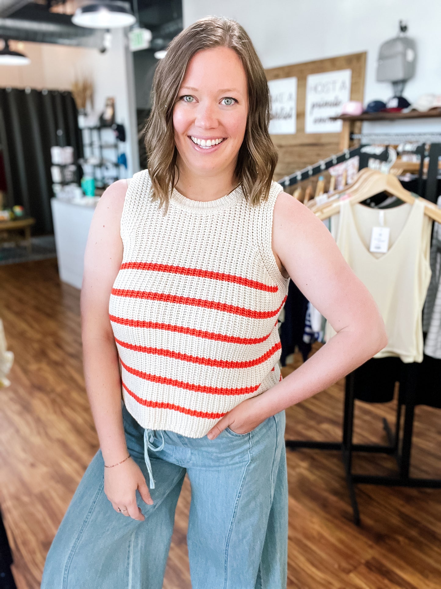 Ivory W/ Orange Stripe Sleeveless Sweater