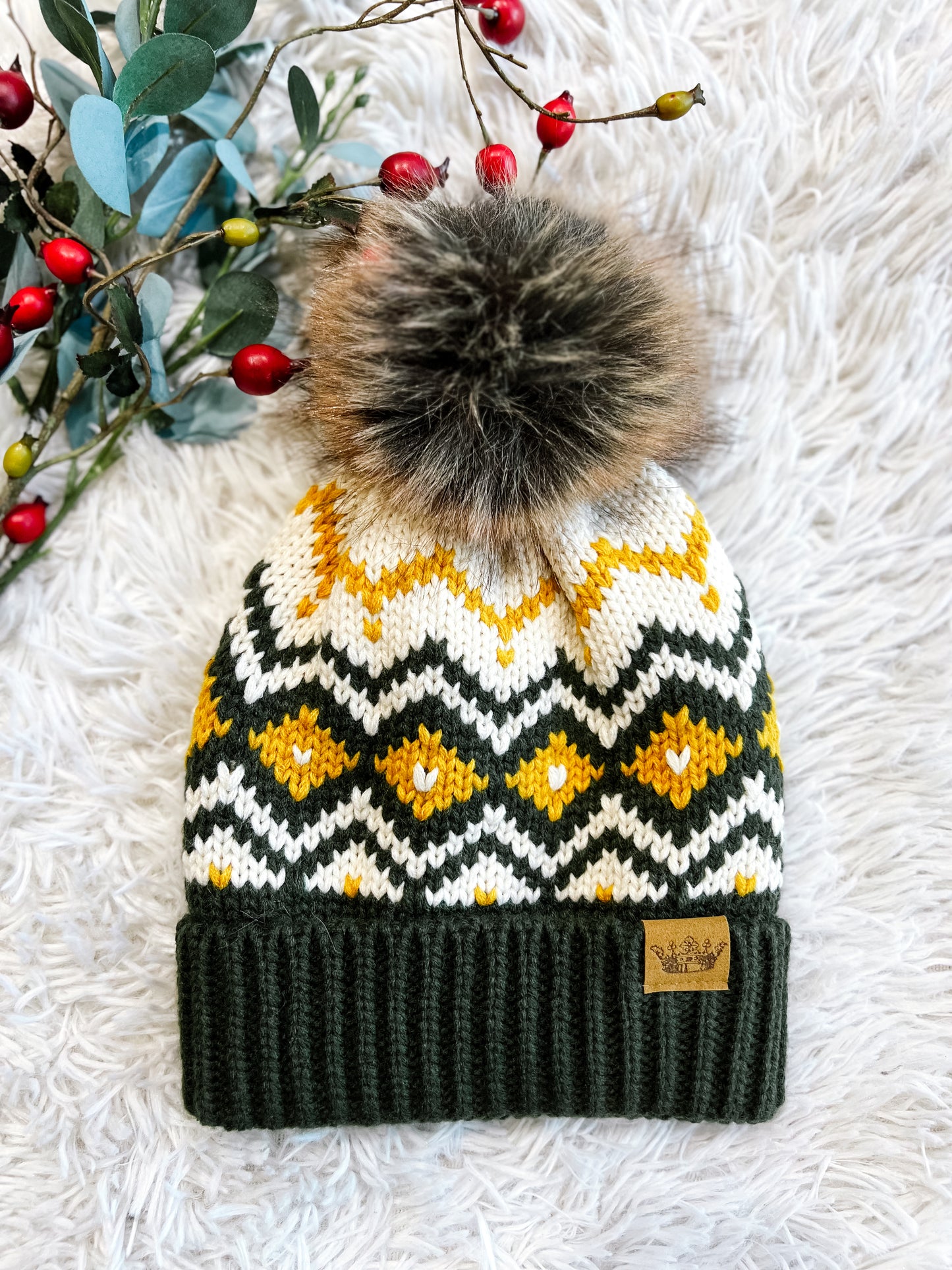 Olive, Cream & Mustard Patterned Pom Beanie
