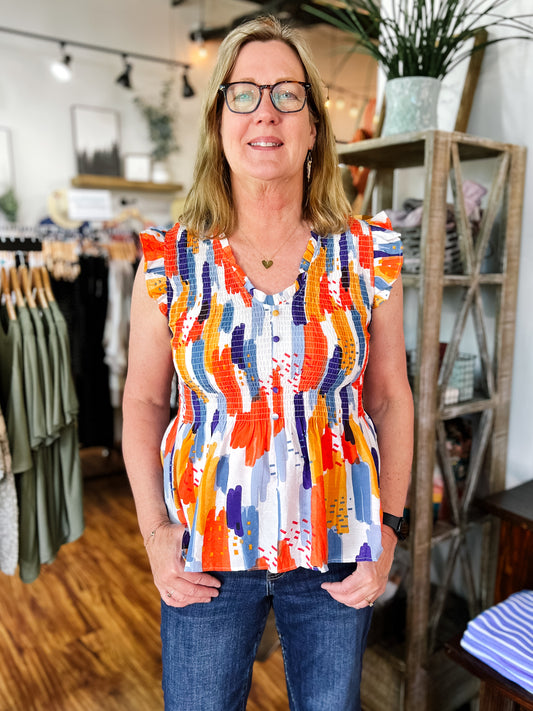Multi Colored Smocked Flutter Sleeve Top