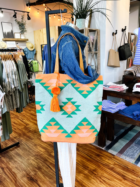 Green, Orange, Pink Aztec Tote
