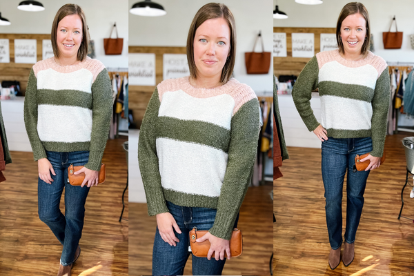 Thanksgiving outfit idea with colorblock sweater